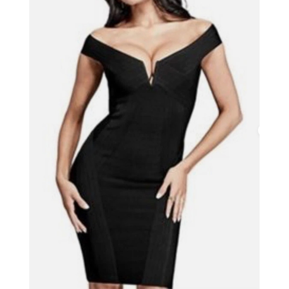 Marciano Kandice Off Shoulder Bandage Bodycon Black Dress Deep V Sz XS